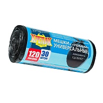Мешки для мусора 120 л, с ушками, черные, в рулоне 30 шт., ПНД, 15 мкм, 1100х700 мм, Крепак, 4607075710375 в Петропавловск-Камчатском